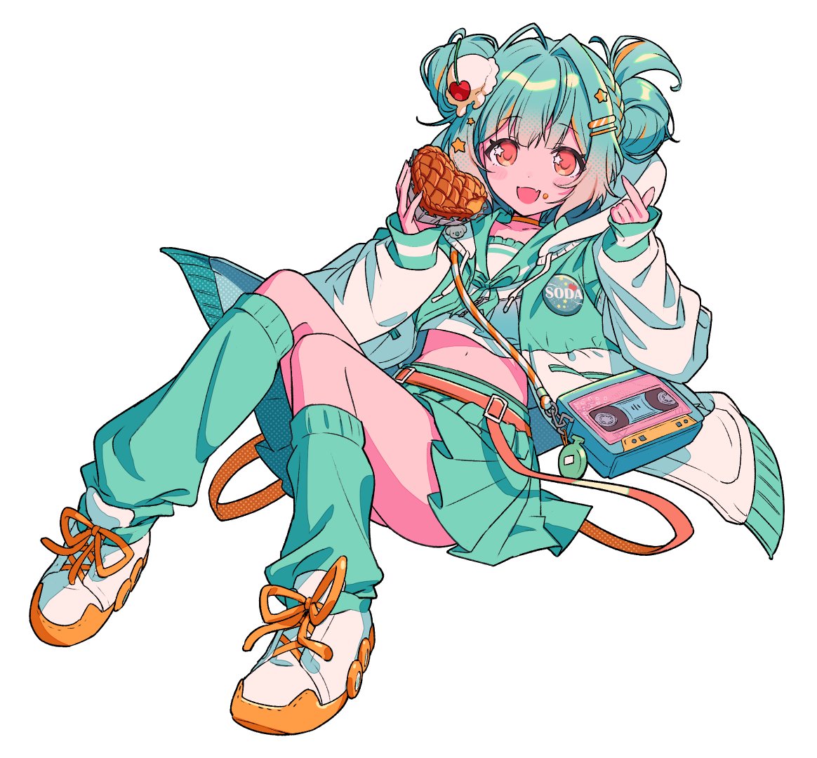 nishikawa nika, soda cosmo, first stage production, 1girl, aqua hair, aqua jacket, aqua leg warmers, aqua sailor collar, aqua skirt, badge, bag, belt, blunt bangs, cassette tape, cherry hair ornament, choker, colored skin, crop top, dessert, dot nose, double bun, fang, finger heart, flat chest, food, food-themed hair ornament, food on face, full body, gradient hair, hair bun, hair ornament, hairpin, half crown braid, hands up, happy, heart, heart-shaped food, holding, holding food, hood, hooded jacket, ice cream on head, jacket, knees together feet apart, leg warmers, long sleeves, looking at viewer, loose belt, midriff, miniskirt, multicolored hair, multicolored jacket, navel, object-themed bag, open clothes, open jacket, open mouth, orange belt, orange choker, orange shoes, pink eyes, pink skin, pleated skirt, sailor collar, shirt, shoes, shoulder bag, sidelocks, simple background, single hair intake, sitting, skin fang, skirt, sleeves past wrists, sneakers, solo, star (symbol), star hair ornament, star in eye, symbol in eye, tachi-e, tareme, two-tone jacket, white background, white hood, white jacket, white shirt, white shoes