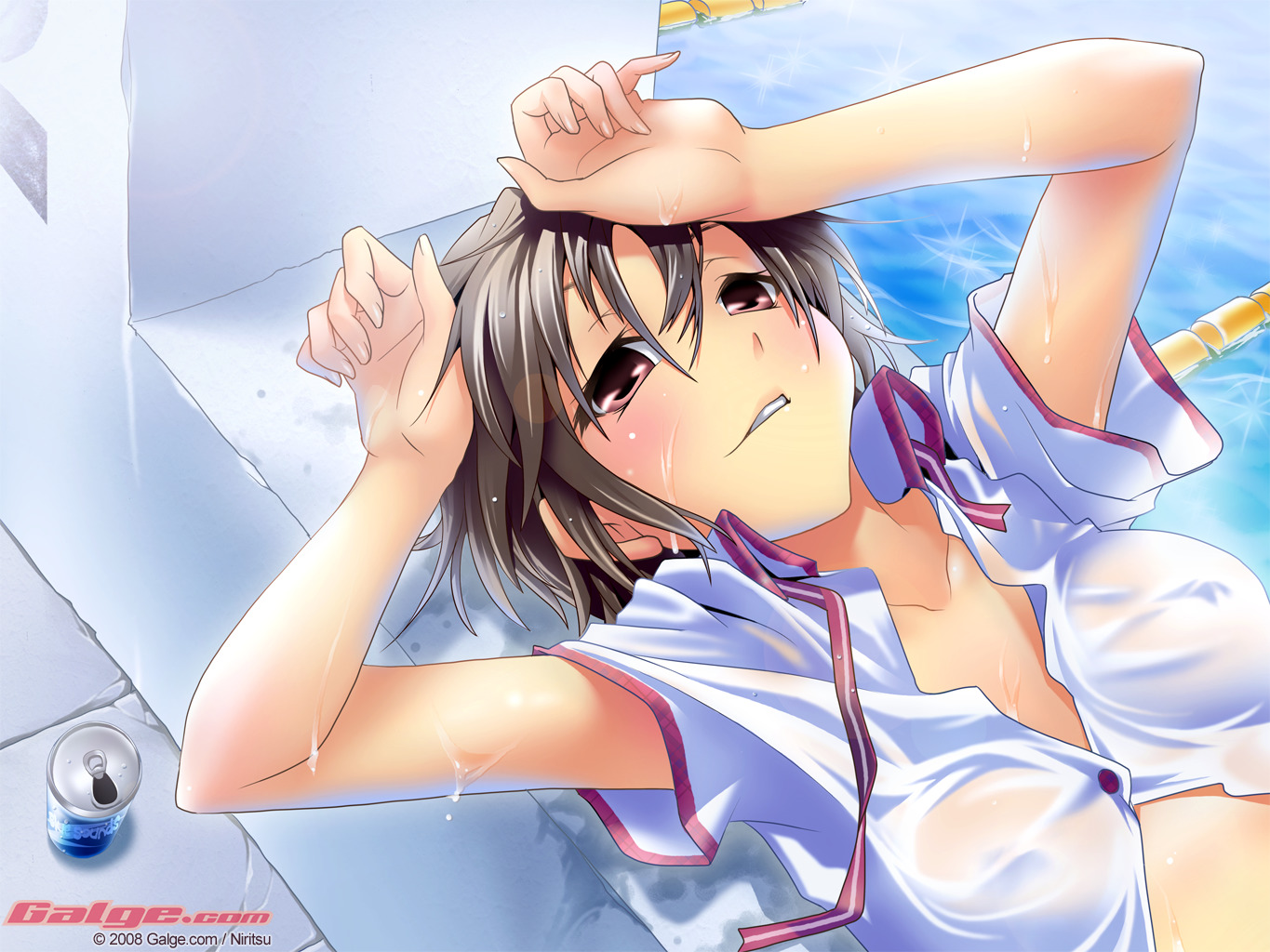 nilitsu, galge.com, original, 1girl, 2008, breasts, brown hair, covered erect nipples, female focus, lying, open clothes, open shirt, pink eyes, pool, see-through clothes, shirt, short hair, small breasts, solo, wet