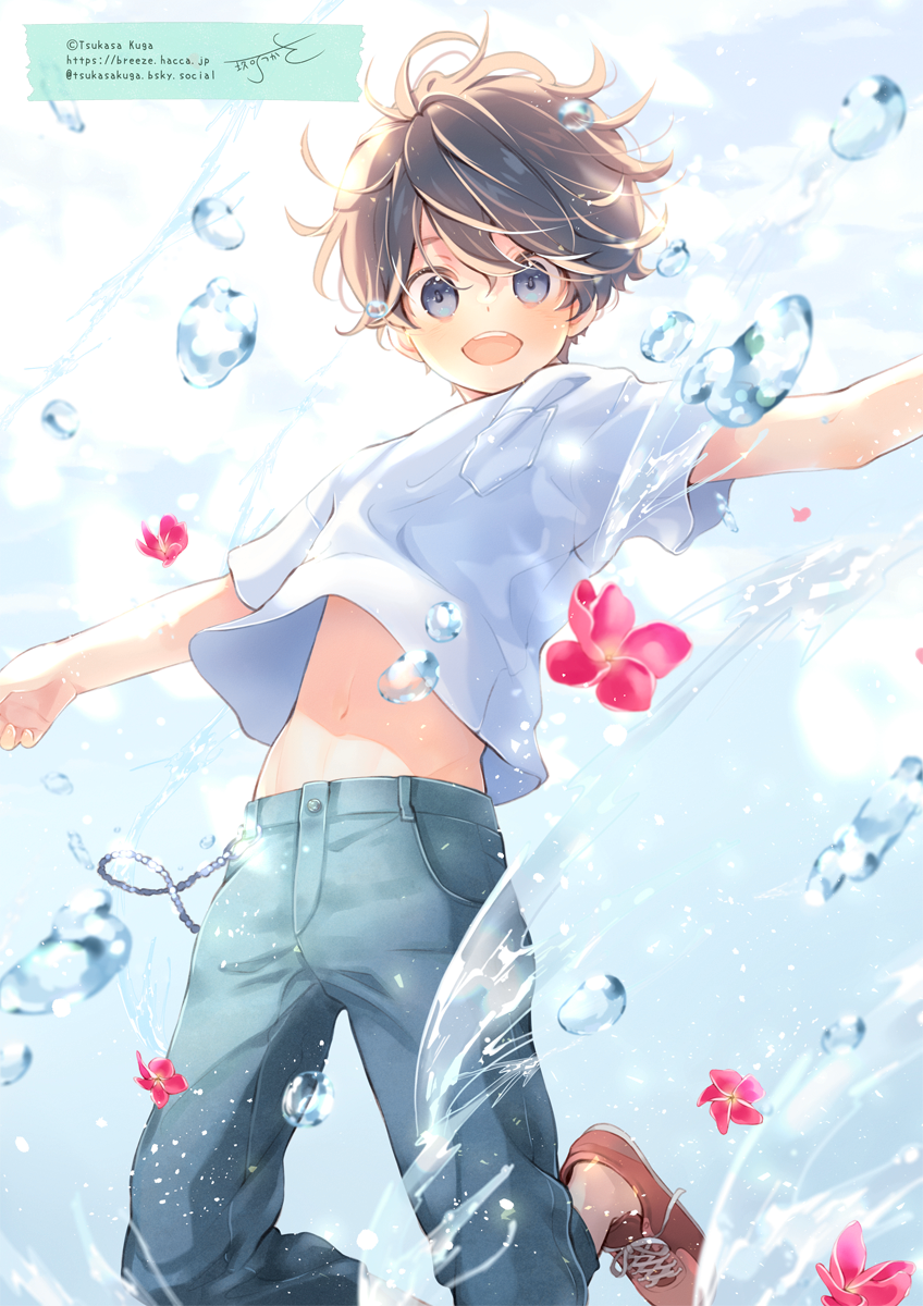 kuga tsukasa, plumeria, original, commentary request, highres, 1boy, :d, blue pants, brown hair, brown shoes, denim, flower, grey eyes, groin, hair between eyes, jeans, looking at viewer, male focus, midriff peek, navel, no socks, open mouth, pants, petals, red flower, shirt, shoes, short sleeves, signature, smile, solo, twitter username, water drop, watermark, web address, white shirt