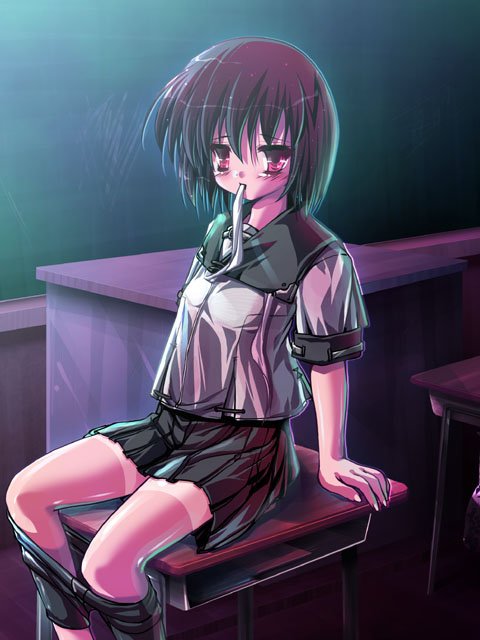 akahito, bad id, bad pixiv id, bike shorts, black hair, classroom, clothes pull, desk, indoors, mouth hold, pants, pants pull, red eyes, school, school desk, school uniform, serafuku, skirt, solo, tan, tanline