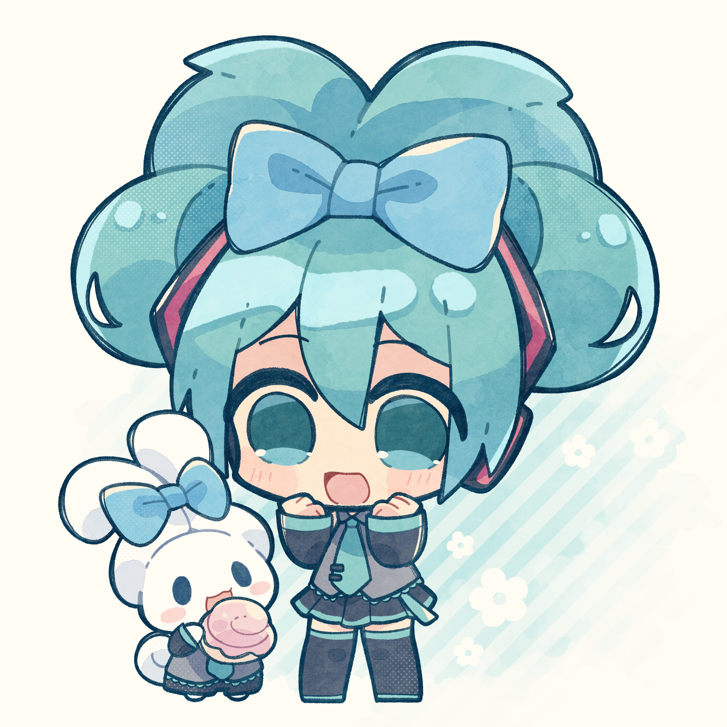 misosiru 0224, cinnamiku, cinnamoroll, hatsune miku, fuwa fuwa cinnamoroll, sanrio, vocaloid, absurdres, commentary request, highres, 1girl, alternate hairstyle, aqua eyes, aqua hair, aqua necktie, black boots, black skirt, blue bow, blush, boots, bow, chibi, cinnamon roll, clenched hands, cosplay, crossover, detached sleeves, double bun, ear bow, food, full body, hair bow, hair bun, hands up, happy, hatsune miku (cosplay), headphones, heart, holding, holding food, looking at another, matching outfits, miniskirt, necktie, open mouth, pleated skirt, skirt, striped background, thigh boots, thighhighs, tie clip, tied ears, updo, zettai ryouiki