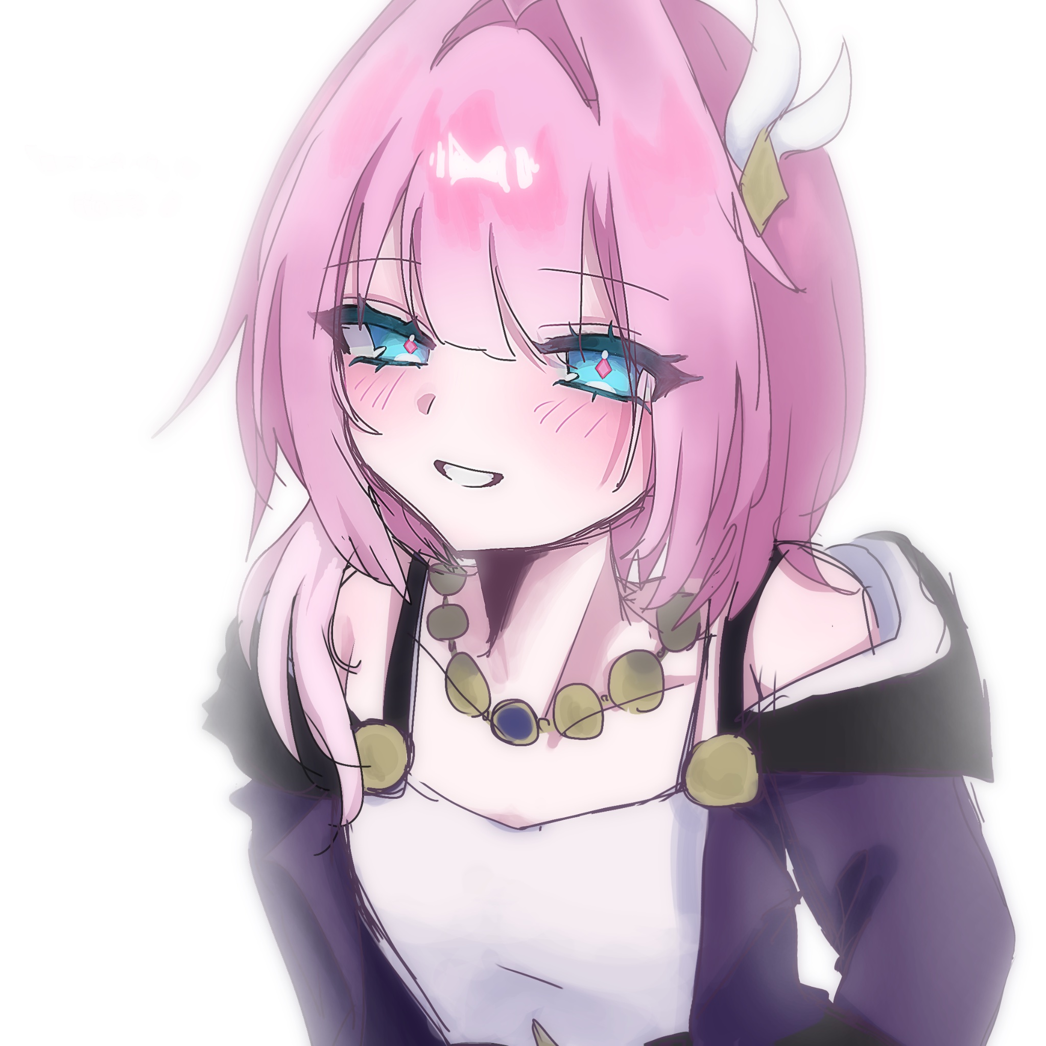 cyrene (honkai: star rail), honkai: star rail, honkai (series), commentary request, highres, 1girl, 2hl0ux, blue eyes, blush, breasts, coat, cyrene (aedes elysiae) (honkai: star rail), dress, hair ornament, jewelry, looking at viewer, multicolored hair, necklace, pink hair, purple coat, short hair, simple background, small breasts, smile, solo, two-tone hair, white background, white dress, white hair
