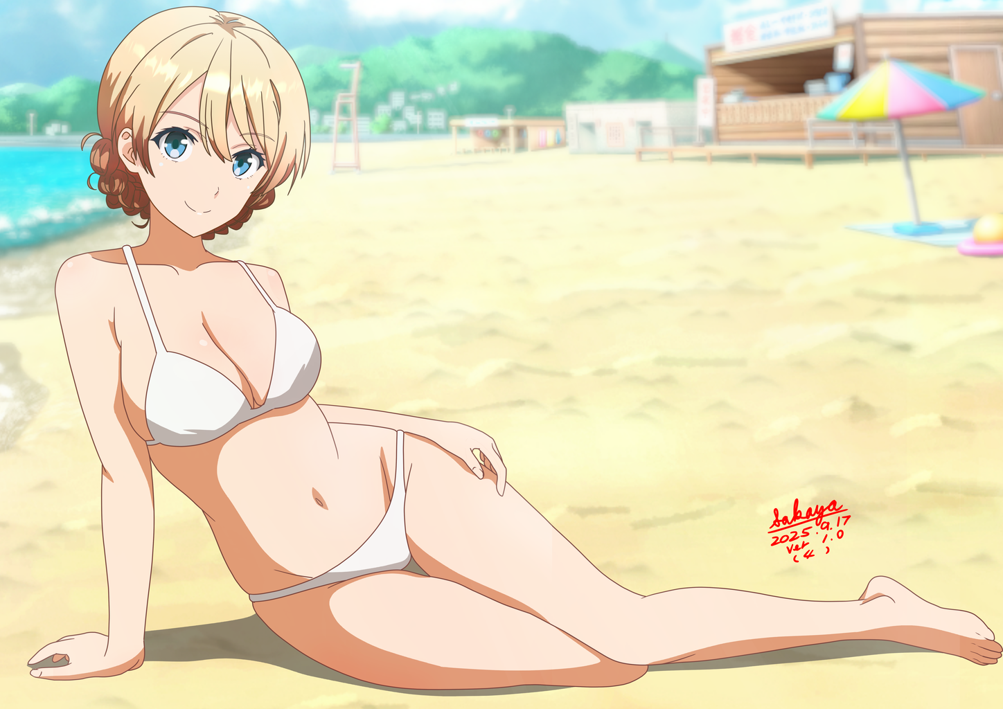 sakayaya, darjeeling (girls und panzer), girls und panzer, commentary request, 1girl, bare arms, bare legs, bare shoulders, barefoot, beach, beach umbrella, bikini, blonde hair, blue eyes, blue sky, blurry, blurry background, braid, breasts, building, chair, cleavage, closed mouth, cloud, collarbone, dated, day, depth of field, groin, hair between eyes, lifeguard chair, looking at viewer, medium breasts, navel, on ground, outdoors, sand, signature, sky, smile, solo, swimsuit, thigh gap, umbrella, water, white bikini
