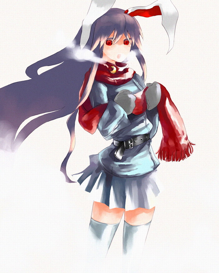 reisen udongein inaba, touhou, 1girl, animal ears, female focus, long hair, purple hair, rabbit ears, scarf, skirt, solo, thighhighs