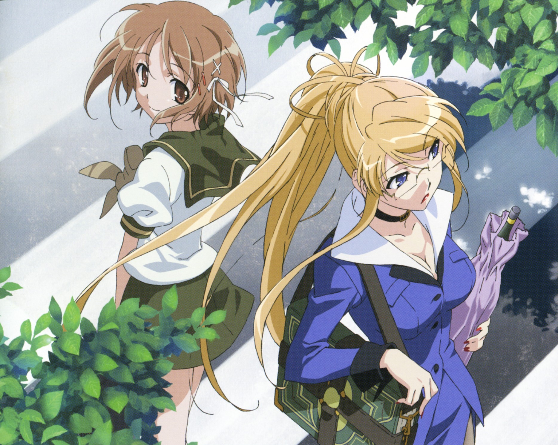 margery daw, yoshida kazumi, shakugan no shana, brown legwear, highres, scan, 00s, 2girls, formal clothes, glasses, multiple girls, pantyhose, pencil skirt, school uniform, serafuku, skirt, skirt suit, suit