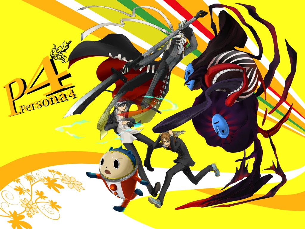 kaina (b-white), hanamura yousuke, izanagi (persona 4), kuma (persona 4), narukami yu, shadow (persona), atlus, persona, persona 4, 2boys, glasses, katana, male focus, multiple boys, running, school uniform, serafuku, short hair, sword, weapon