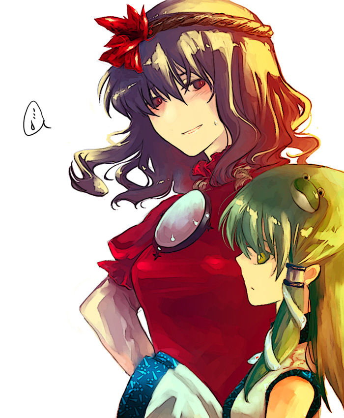 kochiya sanae, yasaka kanako, touhou, 2girls, female focus, green hair, hair ornament, japanese clothes, leaf hair ornament, long hair, miko, multiple girls, purple hair, rope, short hair