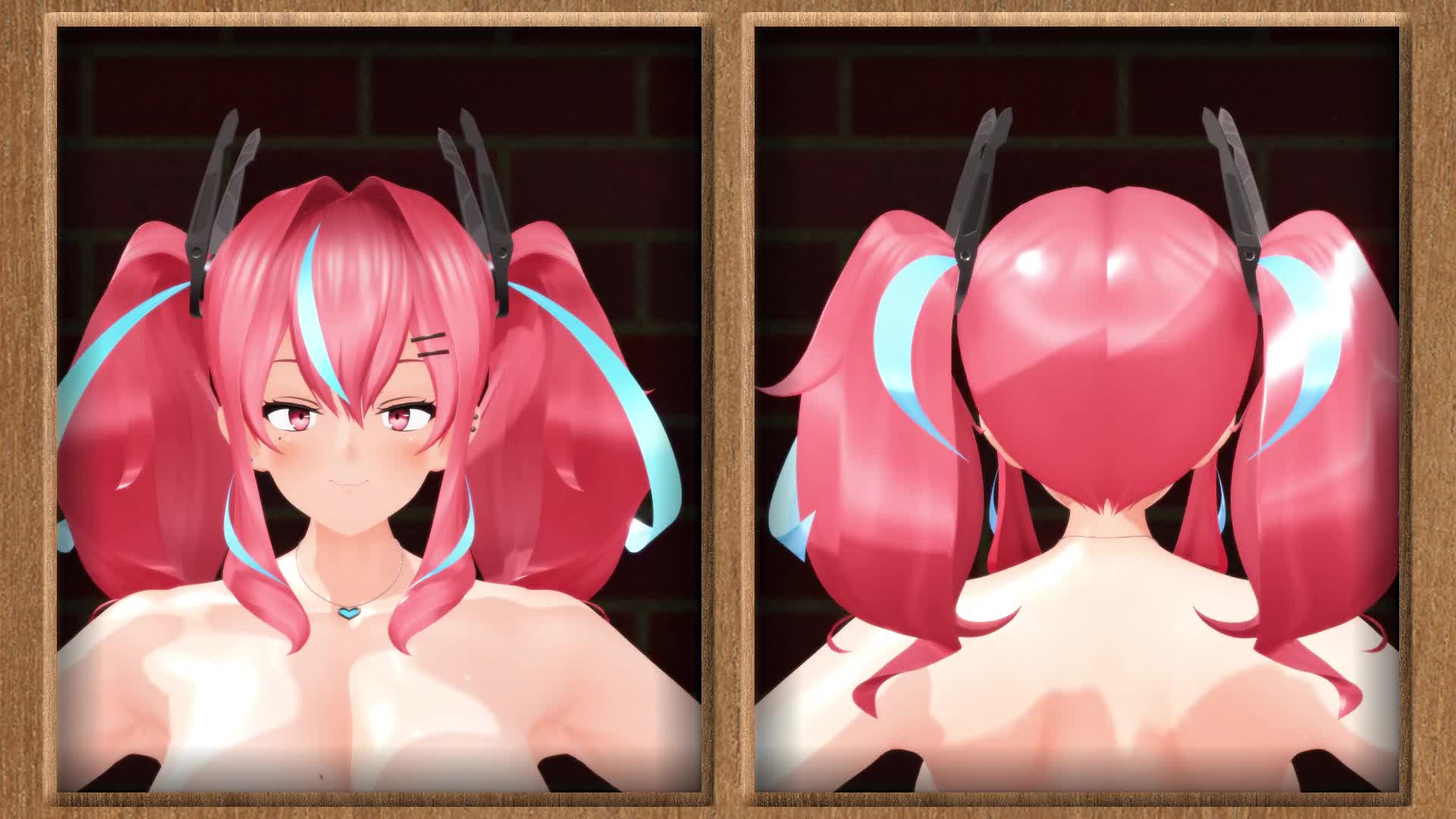 user26, bremerton (azur lane), azur lane, animated, audible music, highres, mikumikudance (medium), sound, tagme, video, 1girl, 3d, ass, backboob, blue hair, blurry, blush, bouncing breasts, breasts, dancing, hair ornament, hairclip, heart, heart necklace, jewelry, jiggle, large breasts, looking at viewer, mole, mole on breast, mole under eye, multiple views, navel, necklace, nude, pink hair, pubic hair, red eyes, short hair, solo, standing, twintails, uncensored