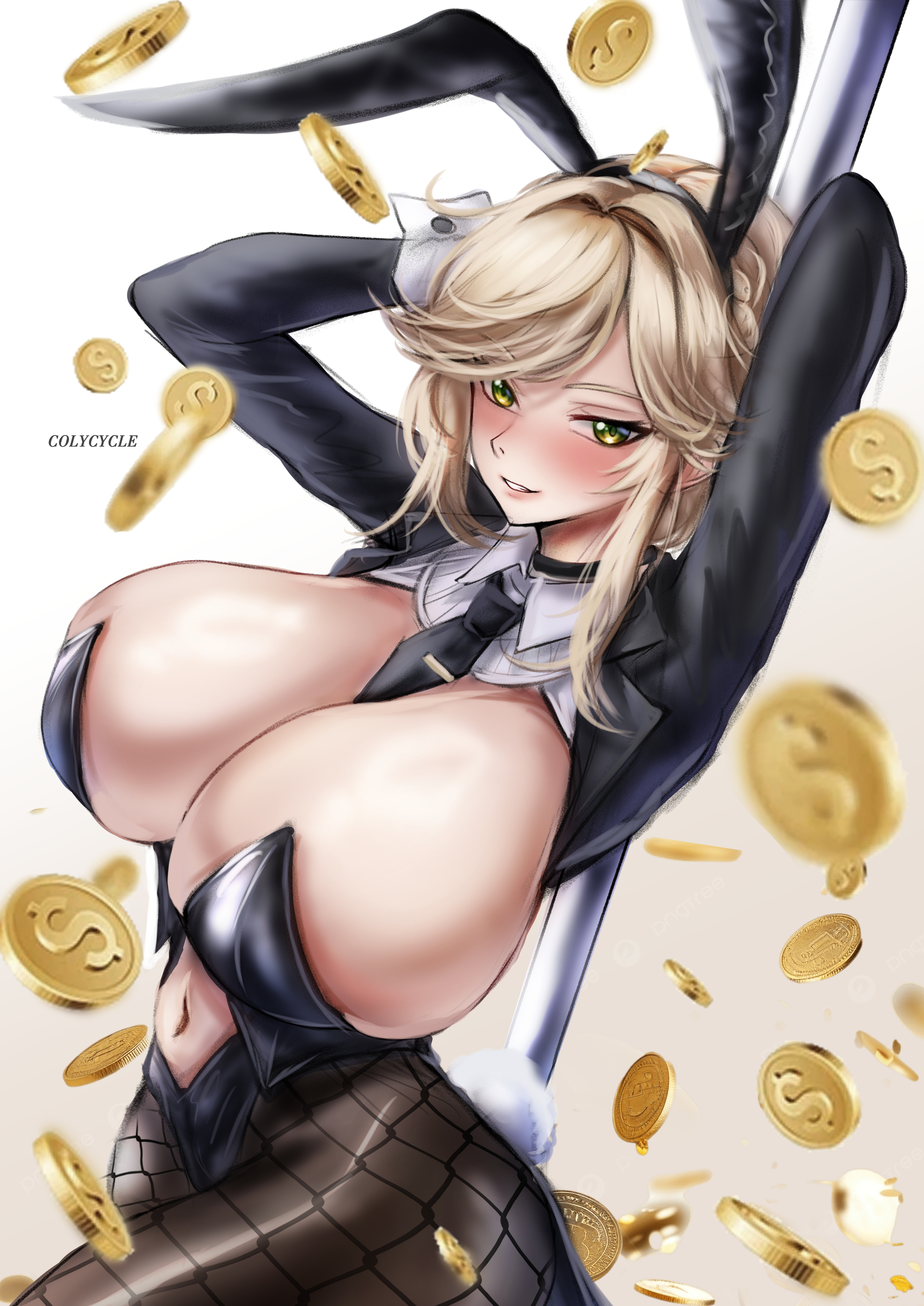 colycycle, ade (agent bunny) (nikke), ade (nikke), goddess of victory: nikke, absurdres, highres, 1girl, animal ears, arms up, between breasts, black necktie, black pantyhose, blonde hair, braid, breasts, cleavage, coin, fake animal ears, fishnet pantyhose, fishnets, green eyes, grin, large breasts, leotard, looking at viewer, navel, necktie, necktie between breasts, pantyhose, playboy bunny, pole, rabbit ears, short hair, simple background, smile, solo, white background