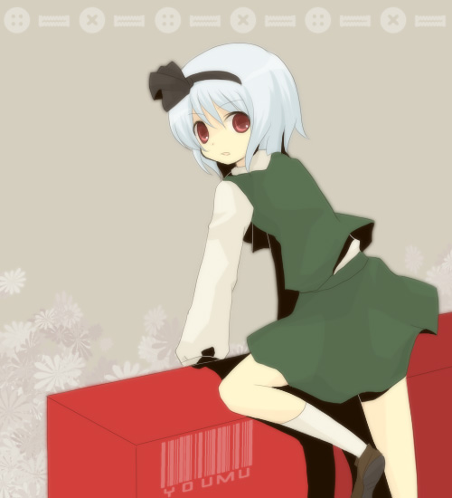 konpaku youmu, touhou, 1girl, barcode, blue hair, female focus, hairband, red eyes, ribbon, school uniform, serafuku, short hair, solo