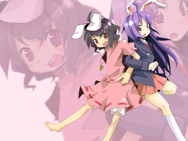 inaba tewi, reisen udongein inaba, touhou, bad id, bad pixiv id, 2girls, animal ears, black hair, female focus, kneehighs, long hair, multiple girls, purple hair, rabbit ears, short hair, skirt, socks, teeth, underwear