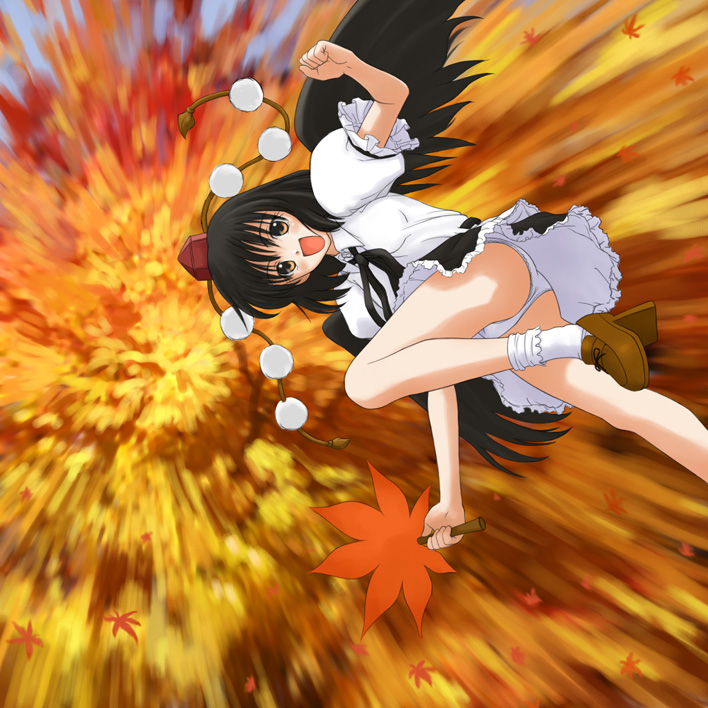 isozaki bebebe, shameimaru aya, touhou, bad id, bad pixiv id, 1girl, black hair, black wings, female focus, flying, geta, hand fan, hat, leaf, motion blur, panties, pantyshot, short hair, skirt, solo, tengu-geta, tokin hat, underwear, upskirt, wings