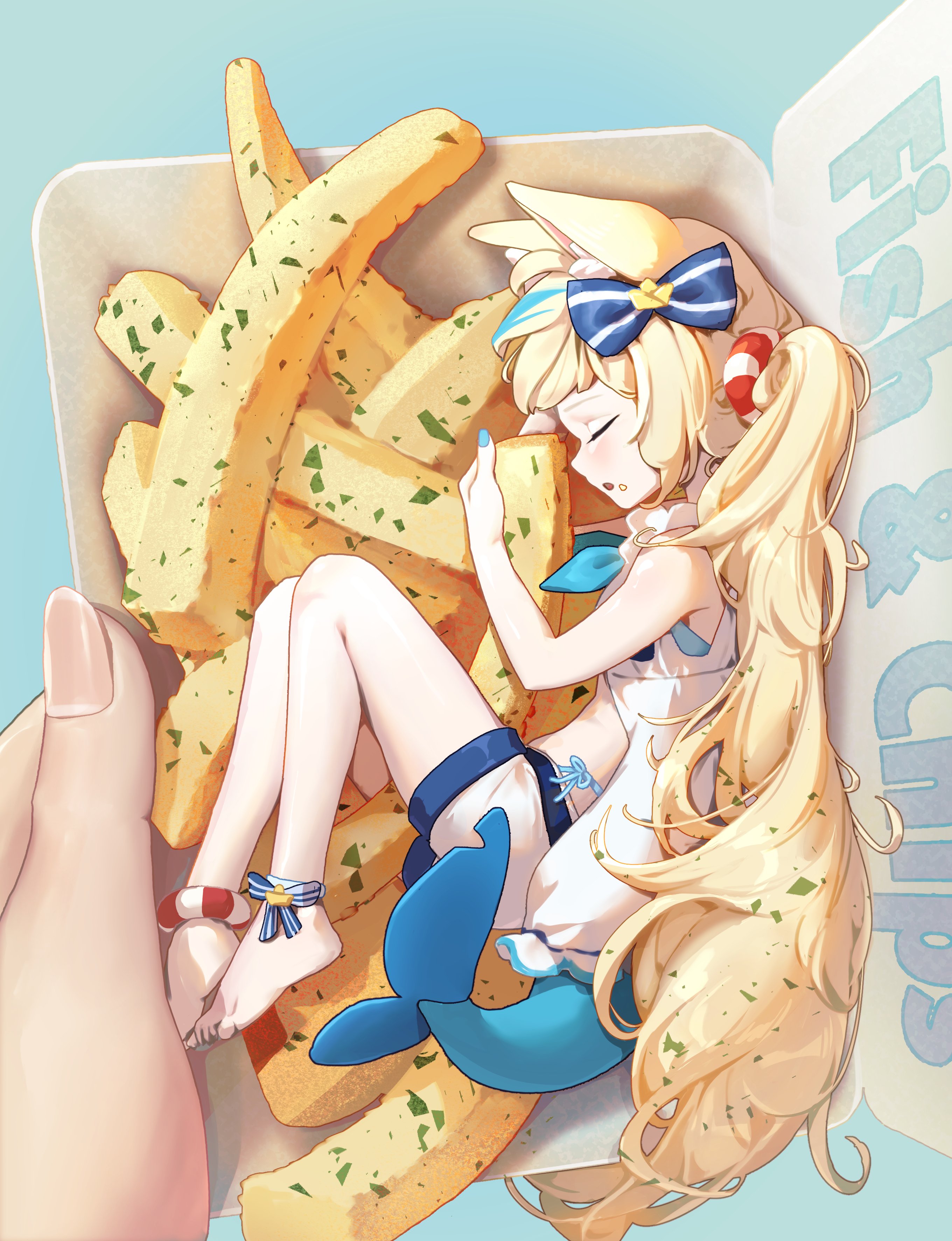 yuyu (kerfish50927), sameko saba, indie virtual youtuber, absurdres, highres, 1girl, ahoge, animal ear fluff, animal ears, barefoot, blonde hair, blue eyes, blue hair, blue streaks, cat ears, chives, closed eyes, dress, feet, fins, fish (food), fish and chips, fish girl, fish tail, food, frilled sailor collar, frills, lifebuoy anklet, lifebuoy hair ornament, long hair, low twintails, multicolored hair, nail polish, one side up, open clothes, open dress, open mouth, sailor collar, shorts, sleeping, soles, solo, streaked hair, tail, toes, twintails, very long hair, virtual youtuber, white dress, white shorts