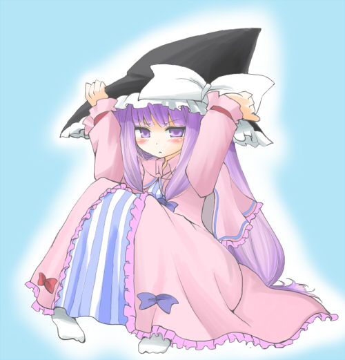 hane (hanegoya), patchouli knowledge, touhou, 1girl, female focus, full body, gradient background, hat, long hair, purple eyes, purple hair, sitting, solo, white background, witch hat