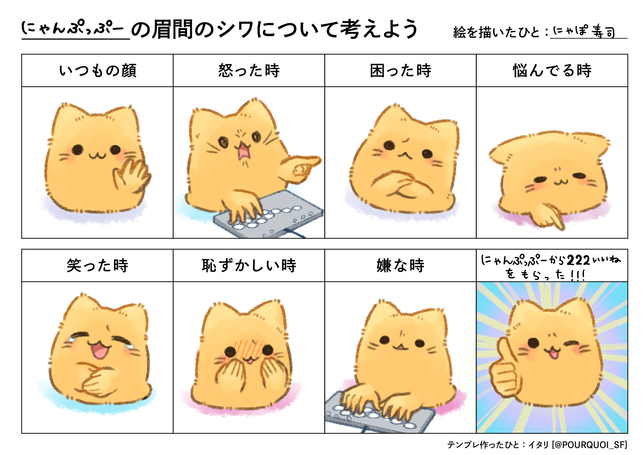 nyan poco march, blobcat, misskey.io, commentary request, highres, translation request, :<, :3, :d, ;d, blush, cat, chart, closed eyes, computer keyboard, expression chart, laughing, multiple expressions, no humans, nose blush, one eye closed, open mouth, pointing, smile, tears, thumbs up