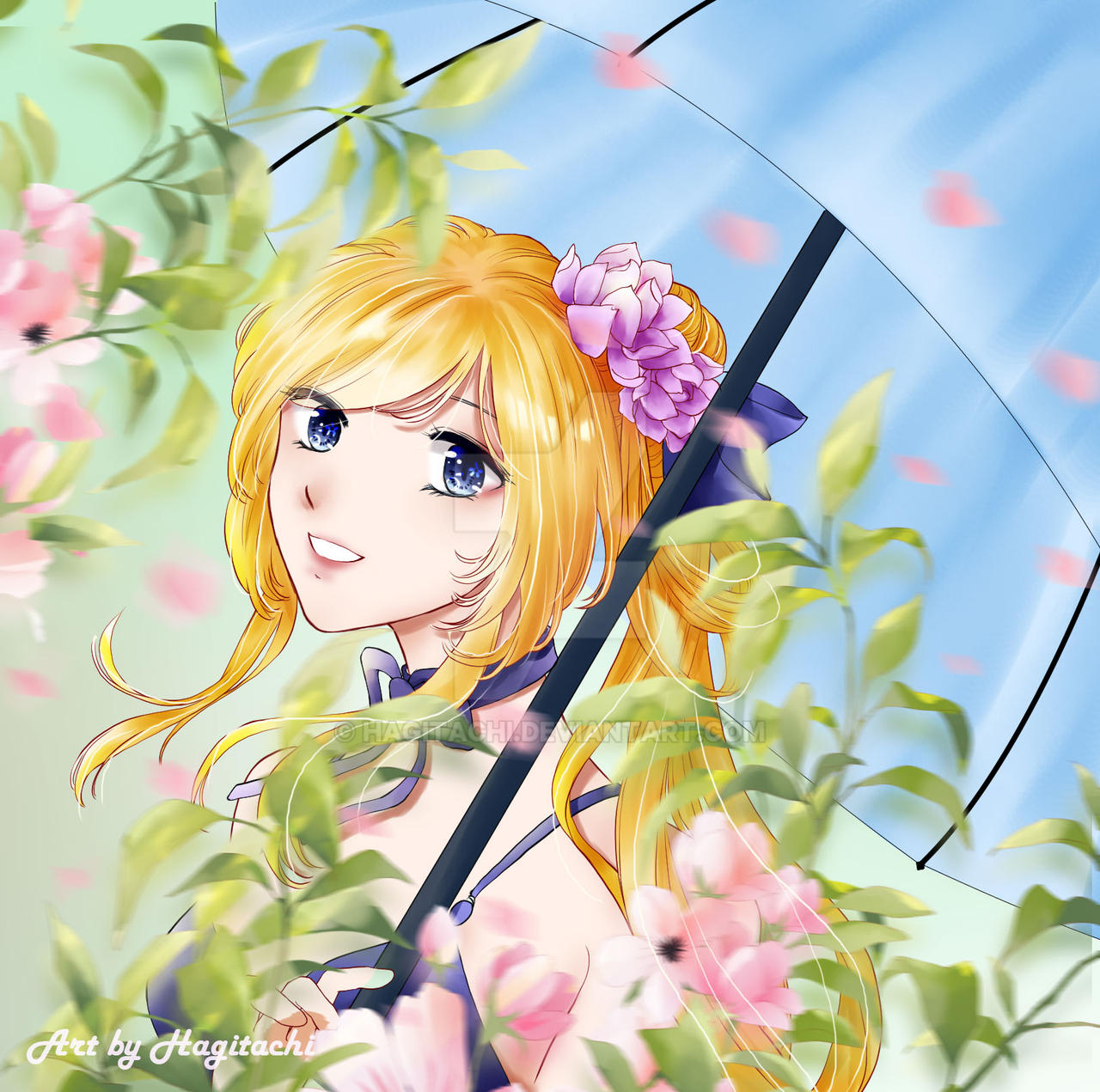original, highres, 1girl, artist name, blonde hair, blue dress, blue eyes, blurry, blurry background, blurry foreground, bow, breasts, choker, deviantart username, dress, flower, hagitachi, hair flower, hair ornament, holding, holding umbrella, leaf, lipstick, long hair, makeup, medium breasts, parasol, petals, pink flower, ribbon, sky, smile, solo, sundress, umbrella, watermark