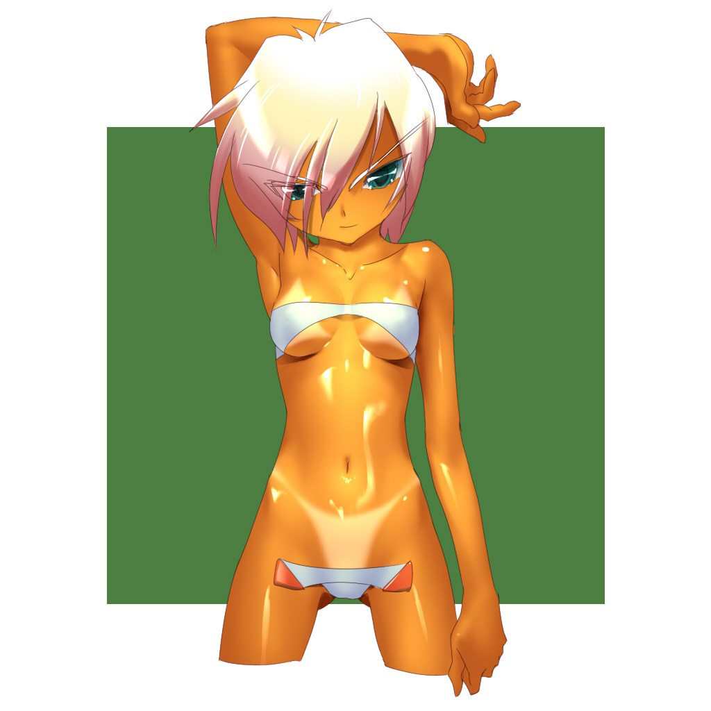 nadeara bukichi, 1girl, bad anatomy, bandeau, bikini tan, bkt, c-string, female focus, green eyes, hip bones, maebari, navel, shiny skin, short hair, solo, strapless, strapless bottom, tan, tanline, tube top, white hair