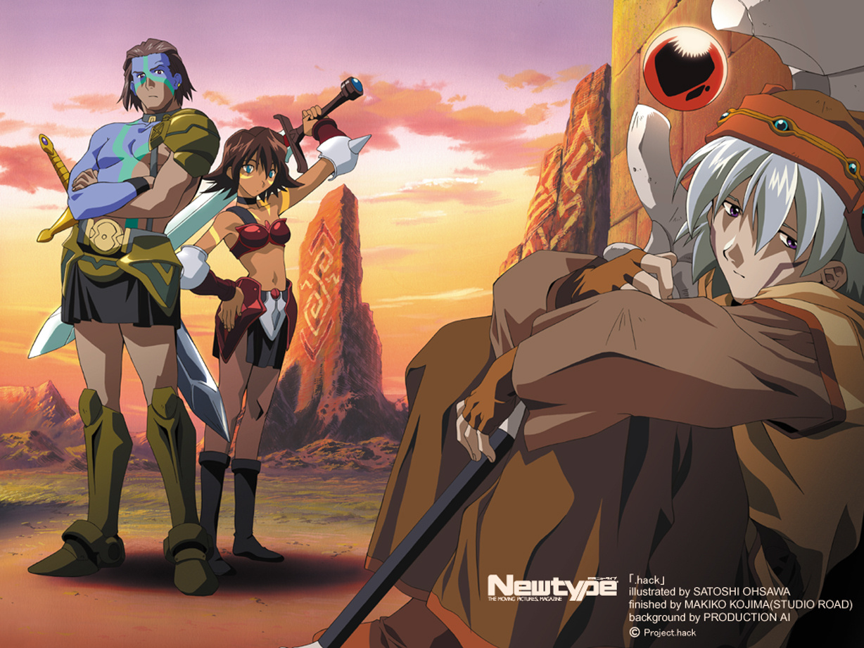 bear (.hack//), mimiru, mimiru (.hack//), tsukasa (.hack//), .hack//, .hack//sign, bandai, cyber connect 2, scan, 00s, 1girl, 2boys, height difference, multiple boys, pantyhose, staff, sword, weapon
