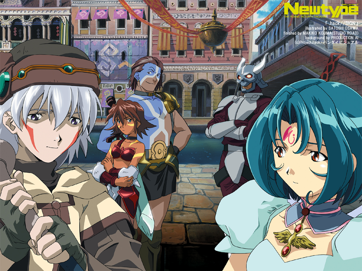 bear (.hack//), mimiru, mimiru (.hack//), silver knight, silver knight (.hack//), subaru (.hack//), tsukasa (.hack//), .hack//, .hack//sign, bandai, cyber connect 2, silver hair, scan, 00s, 2girls, 3boys, aqua hair, blue dress, brown eyes, brown hair, dress, expressionless, gem, jewelry, looking at viewer, multiple boys, multiple girls, muscular, necklace, outdoors, pantyhose, parted bangs, pendant, shaded face, short hair, standing, tattoo, upper body