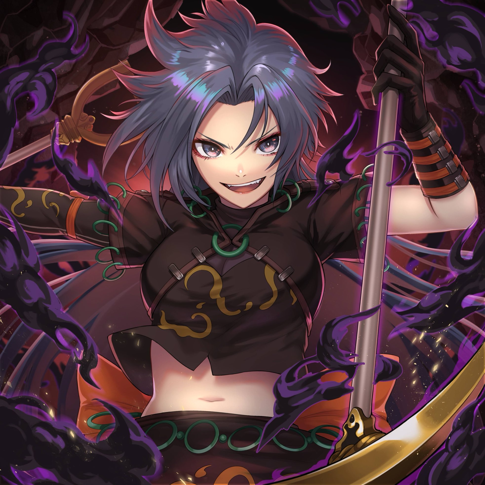 re (re 09), himemushi momoyo, touhou, highres, second-party source, 1girl, album cover, arm ribbon, arm up, back bow, black gloves, black shirt, bow, cover, crop top, gloves, grey eyes, grey hair, holding, holding pickaxe, holding shovel, jewelry, lips, long hair, looking at viewer, messy hair, midriff, navel, o-ring, open mouth, orange bow, orange ribbon, orange sash, parted bangs, pickaxe, ribbon, ring, serious, shirt, short sleeves, shovel, skirt, skirt set, solo, stomach, strap, teeth, toenails, toes, tongue, upper body, upper teeth only