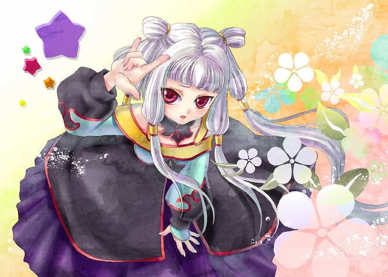 kurosuke, kurotani-tasuke, tianzi, code geass, hand gesture, silver hair, bad id, bad pixiv id, 00s, 1girl, black dress, dress, female focus, flower, long hair, long sleeves, looking at viewer, m/, plant, red eyes, sidelocks, solo, very long hair