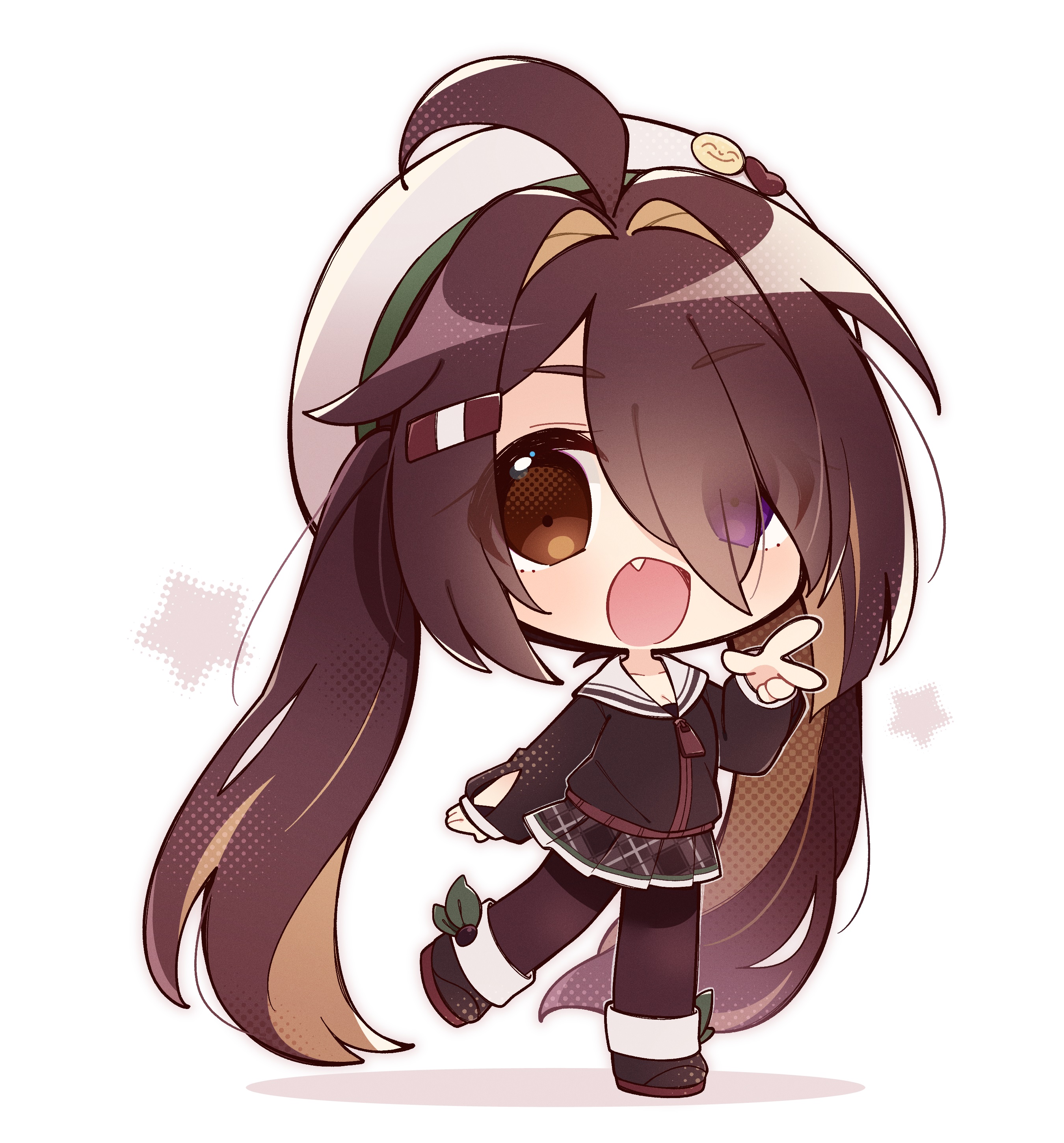 misosiru 0224, original, absurdres, commentary request, highres, 1girl, :d, ahoge, brown eyes, brown hair, brown pantyhose, brown shirt, brown shoes, brown skirt, chibi, chibi only, eyes visible through hair, fang, full body, hair over one eye, hand up, hat, heterochromia, long hair, looking at viewer, no dickey, open mouth, pantyhose, pleated skirt, purple eyes, sailor collar, shirt, shoes, simple background, skirt, smile, solo, standing, standing on one leg, twintails, very long hair, w, white background, white hat, white sailor collar, zipper