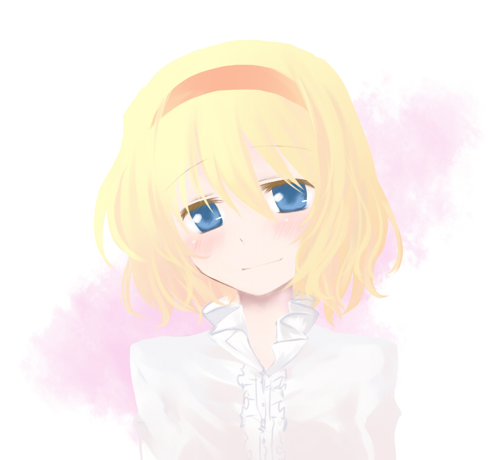 myama, alice margatroid, touhou, 1girl, blonde hair, blue eyes, blush, casual, female focus, hairband, short hair, solo