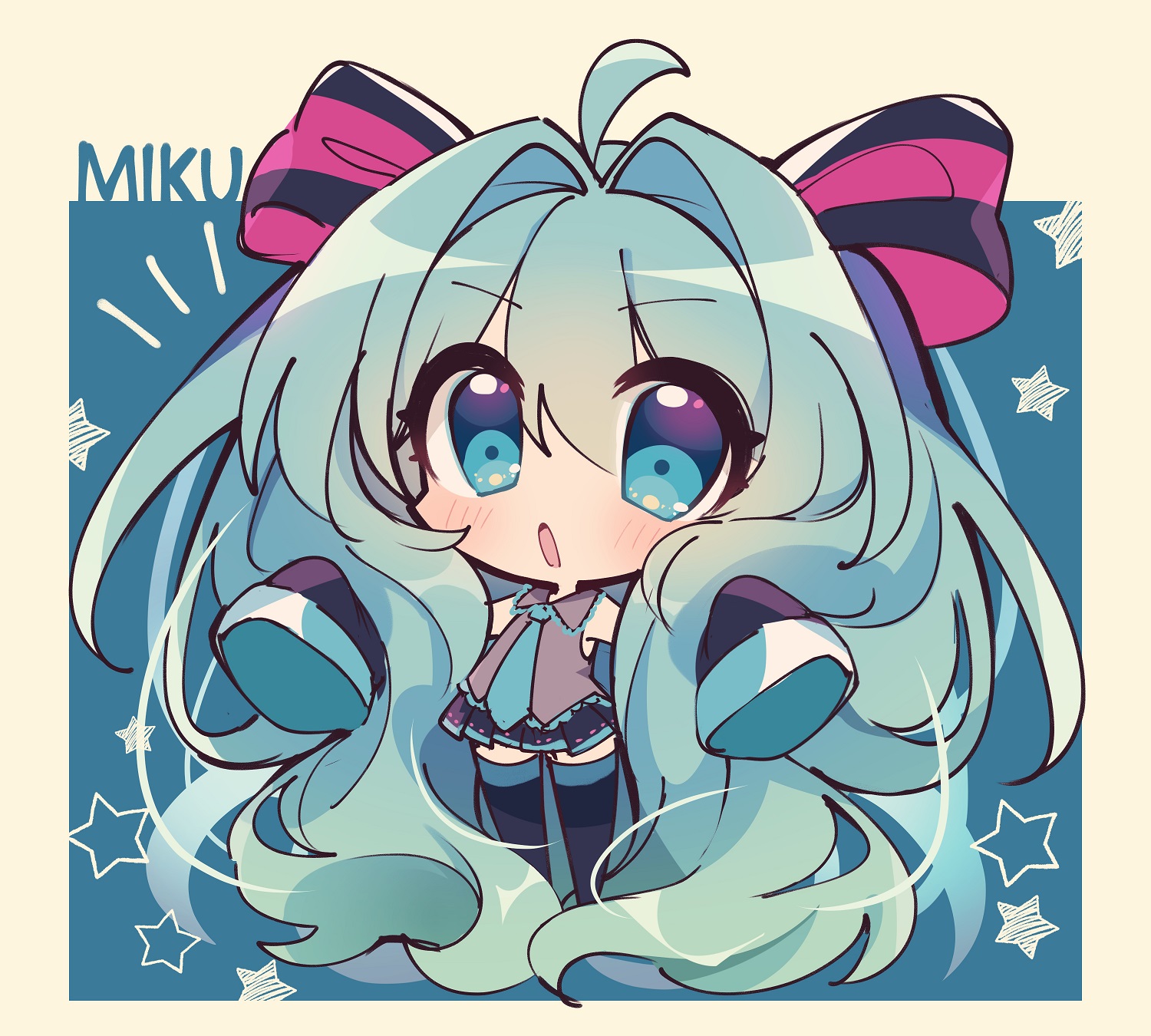 misosiru 0224, hatsune miku, vocaloid, commentary request, highres, 1girl, :o, ahoge, bare shoulders, black skirt, black sleeves, black thighhighs, blue eyes, blue hair, blue necktie, blush, bow, character name, chibi, chibi only, collared shirt, detached sleeves, full body, grey shirt, hair between eyes, hair bow, long hair, long sleeves, looking at viewer, miniskirt, necktie, one-hour drawing challenge, open mouth, pleated skirt, shirt, skirt, sleeveless, sleeveless shirt, sleeves past fingers, sleeves past wrists, solo, standing, striped bow, thighhighs, twintails, very long hair, zettai ryouiki