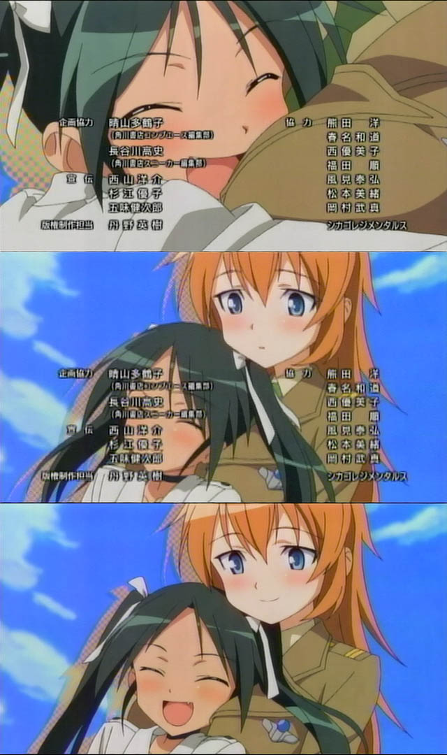 charlotte e. yeager, francesca lucchini, strike witches, world witches series, uniform, anime screenshot, 00s, 2girls, black hair, blue eyes, blush, breast press, breasts, closed eyes, day, fang, large breasts, loli, long hair, multiple girls, orange hair, subtext, twintails, yuri