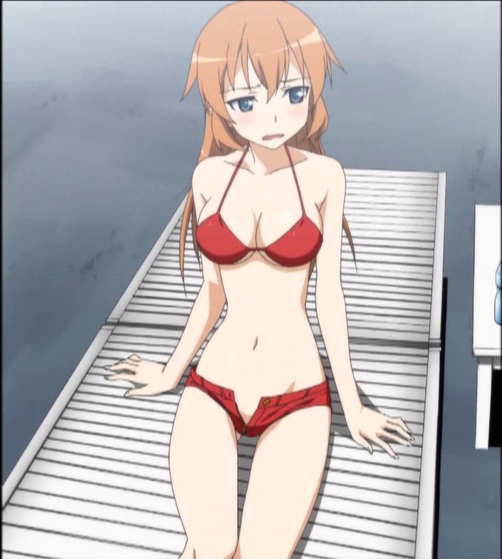 charlotte e. yeager, strike witches, world witches series, anime screenshot, stitched, third-party edit, 00s, 1girl, bikini, bikini top only, blue eyes, blush, breasts, large breasts, long hair, lowleg, lowleg pants, open clothes, open fly, open shorts, orange hair, pants, shorts, swimsuit, unzipped