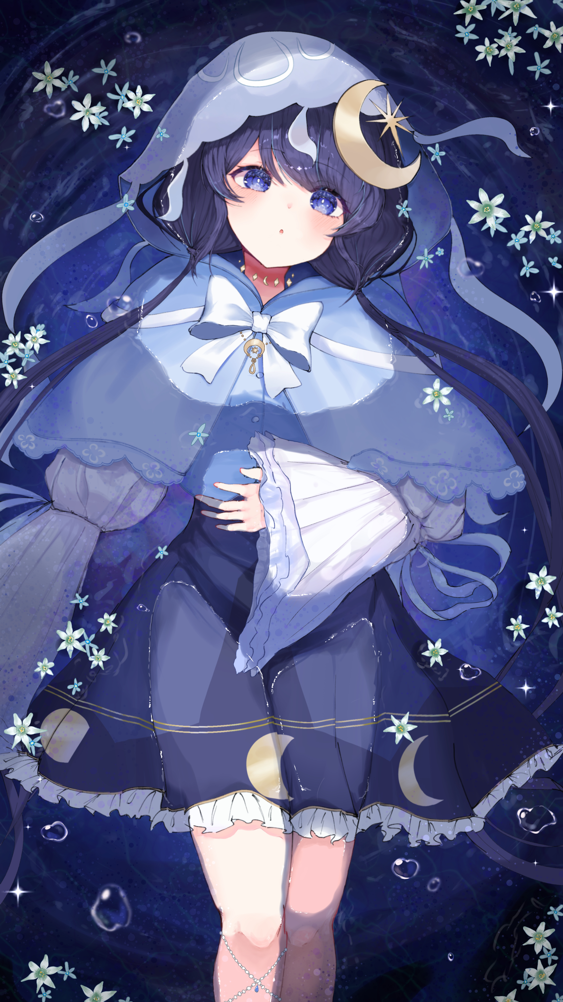 sakurada 327, yuragi yura, million production, absurdres, highres, 1girl, black hair, blue eyes, blue hair, hair ornament, hood, long hair, looking at viewer, solo, twintails, virtual youtuber
