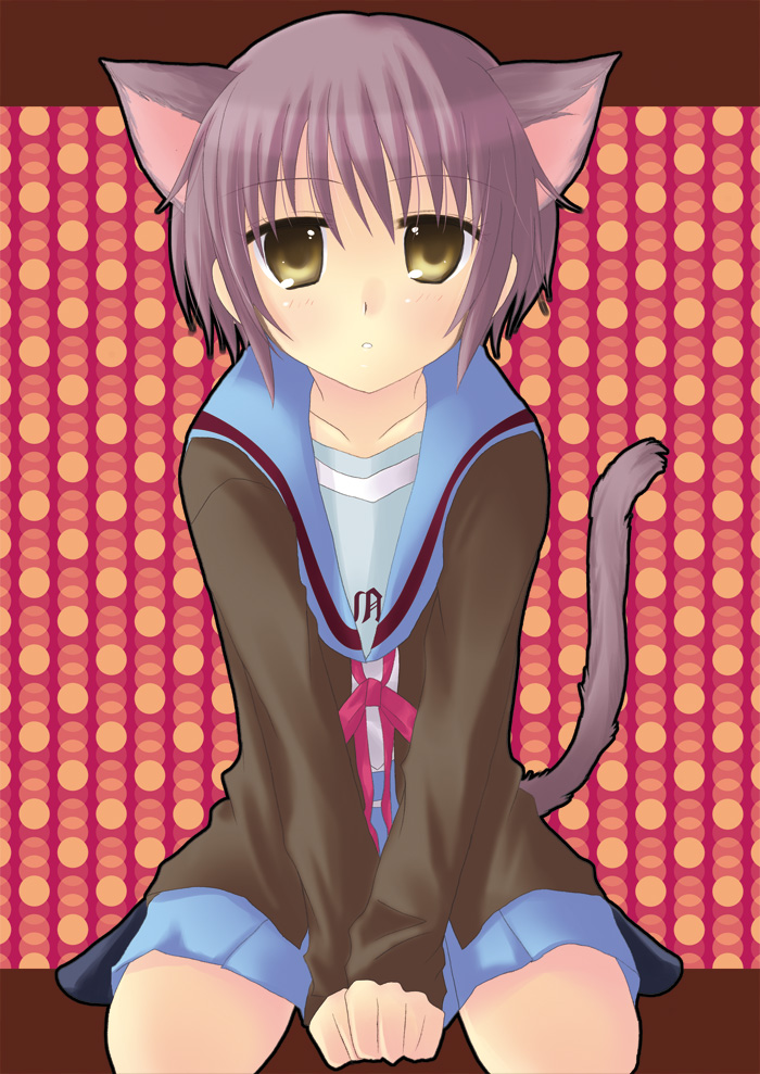 sakura hiyoko, nagato yuki, suzumiya haruhi no yuuutsu, bad id, bad pixiv id, 00s, 1girl, animal ears, cardigan, cat ears, cat tail, female focus, purple hair, school uniform, serafuku, short hair, solo, tail, yellow eyes