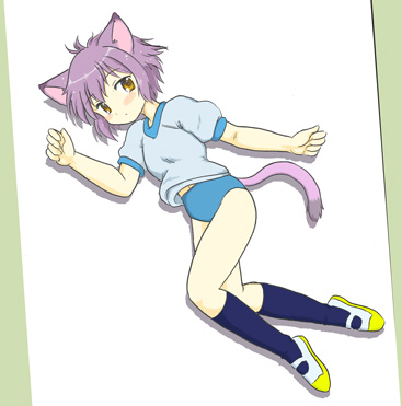hoshikawa tsukimi, nagato yuki, suzumiya haruhi no yuuutsu, lowres, 00s, animal ears, buruma, cat ears, cat tail, gym uniform, lying, socks, solo, tail