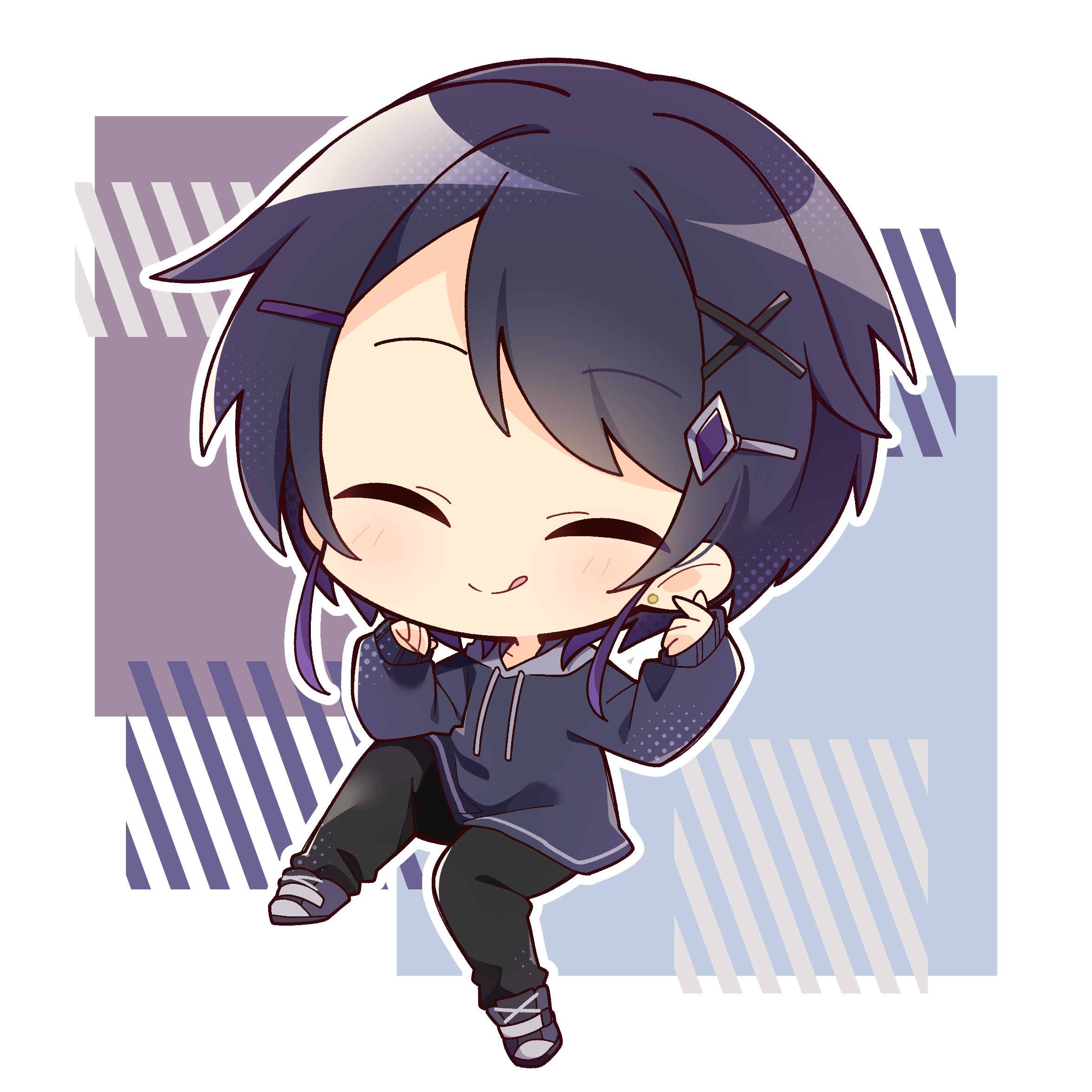 misosiru 0224, original, commentary request, highres, 1boy, :q, ^ ^, black hair, black hoodie, black pants, black shoes, blush, chibi, chibi only, closed eyes, closed mouth, drawstring, full body, hair ornament, hands up, hood, hood down, hoodie, long sleeves, male focus, outline, pants, shoes, short hair, sitting, smile, solo, tongue, tongue out, white outline, x hair ornament