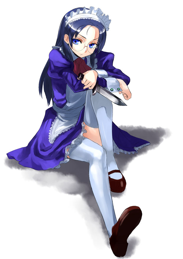 apron, blue eyes, blue hair, bow, glasses, hairband, knife, maid, maid apron, mary janes, shoes, sitting, solo, thighhighs