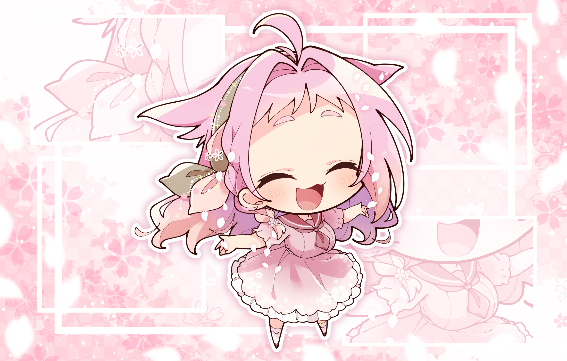 misosiru 0224, original, commentary request, highres, 1girl, :3, :d, ^ ^, ahoge, black shoes, blush, breasts, chibi, chibi only, closed eyes, dress, forehead, full body, green ribbon, hair ribbon, long hair, necktie, open mouth, outline, pink dress, pink hair, red necktie, red sailor collar, ribbon, sailor collar, sailor dress, shoes, short sleeves, smile, socks, solo, standing, thick eyebrows, white outline, white socks
