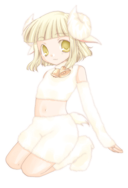 kokono coco, original, 1girl, animal ears, bell, blonde hair, blunt bangs, child, detached sleeves, female focus, full body, horns, kneeling, midriff, monster girl, navel, sheep ears, sheep girl, sheepgirl, short hair, simple background, solo, tail, white background, white theme, yellow eyes