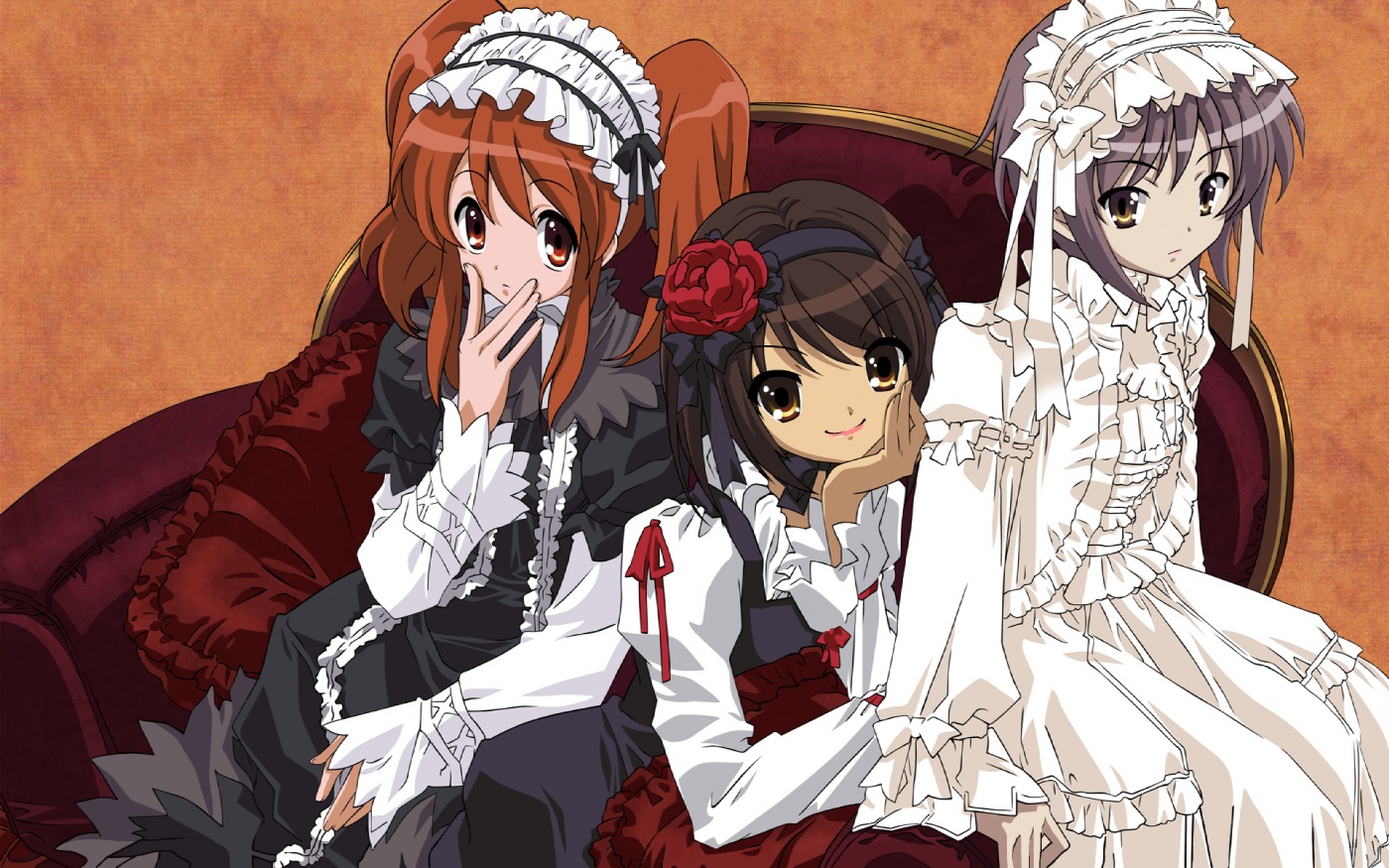 asahina mikuru, nagato yuki, suzumiya haruhi, suzumiya haruhi no yuuutsu, 00s, couch, dress, frills, gothic lolita, lolita fashion