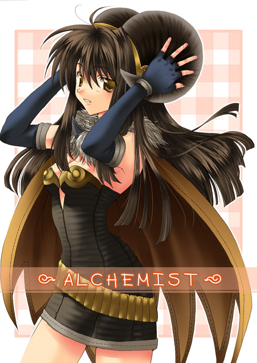kokono coco, alchemist (ragnarok online), ragnarok online, 1girl, alchemist, breasts, brown eyes, brown hair, elbow gloves, female focus, fingerless gloves, gloves, horns, long hair, small breasts, solo