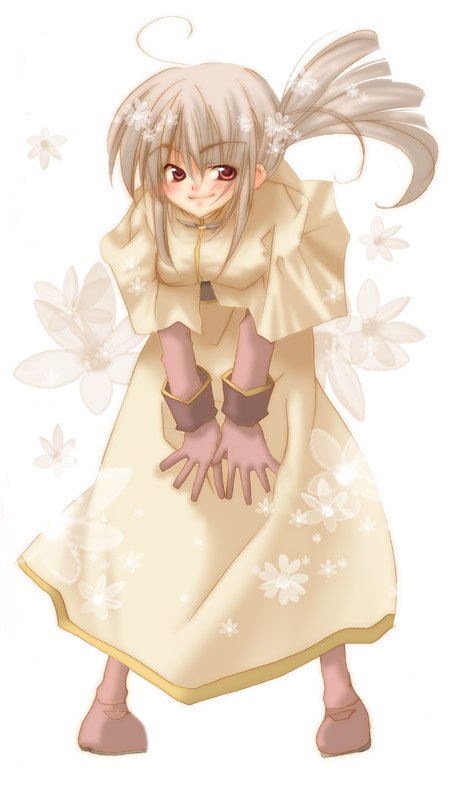 kokono coco, acolyte (ragnarok online), ragnarok online, silver hair, 1girl, blonde hair, blush, brown gloves, dress, elbow gloves, female focus, gloves, long sleeves, looking at viewer, red eyes, simple background, solo, standing, white background, wrist cuffs, yellow dress