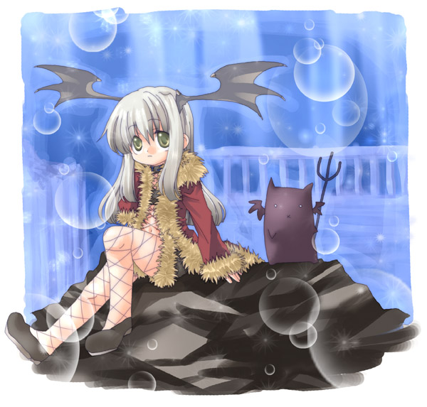 kokono coco, deviruchi, rogue (ragnarok online), ragnarok online, 1girl, black shoes, child, demon, female focus, head wings, pantyhose, pantyhose under shorts, shoes, shorts, solo, white hair, wings