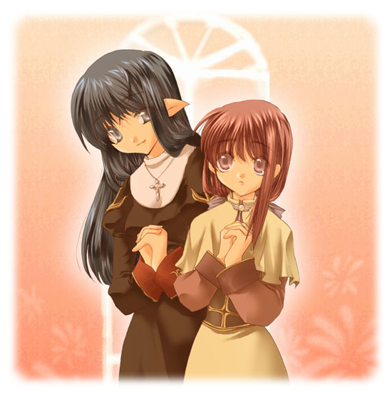 kokono coco, acolyte (ragnarok online), priest (ragnarok online), ragnarok online, 2girls, black hair, brown eyes, brown hair, cross, high priestess, long hair, multiple girls, pointy ears, praying, priest, priestess