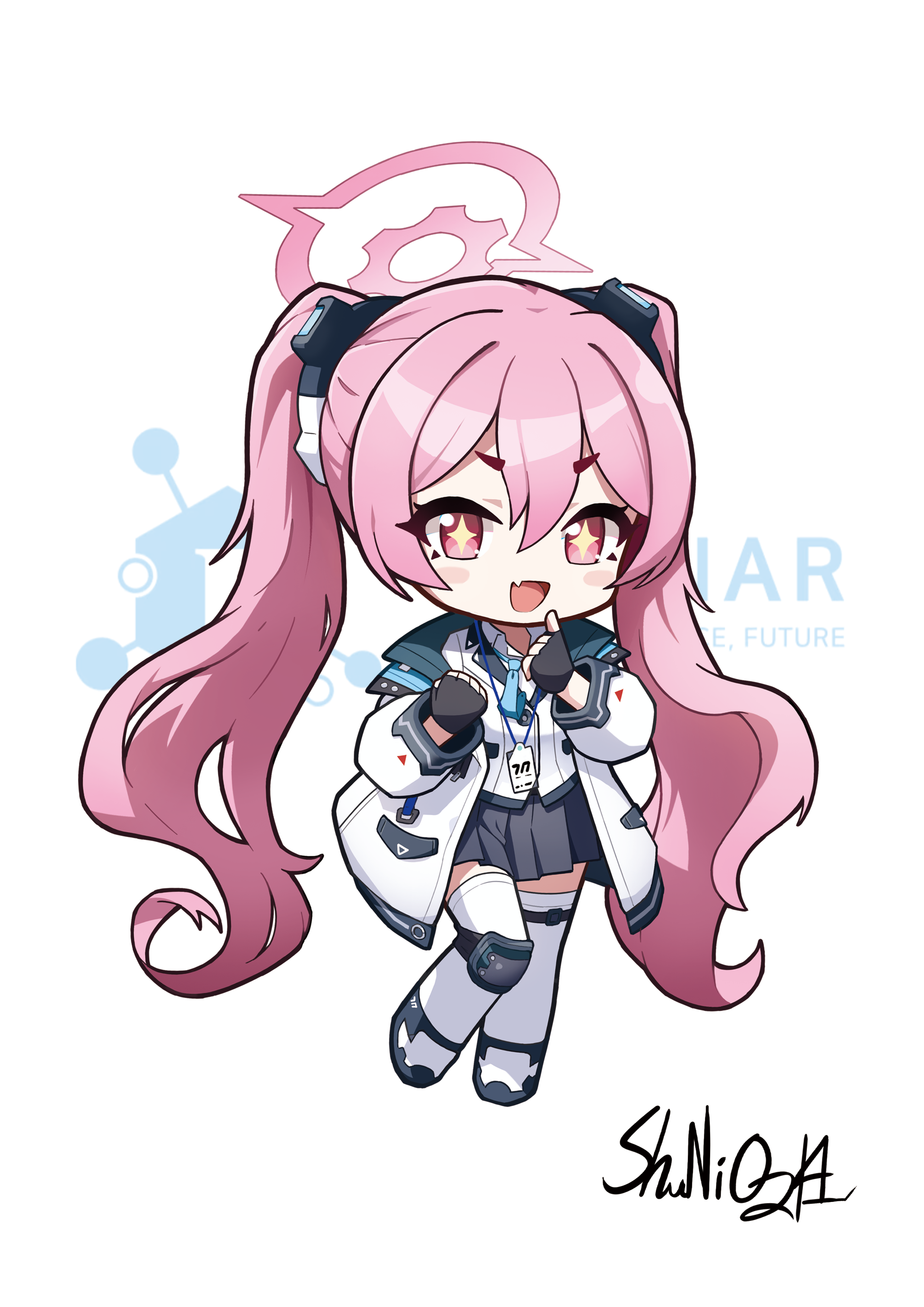 shuni valentine, koyuki (blue archive), blue archive, absurdres, commentary request, highres, + +, 1girl, :d, black gloves, black shoes, black skirt, blue necktie, blush stickers, chibi, collared shirt, fang, finger to mouth, fingerless gloves, full body, gloves, hair between eyes, halo, hands up, jacket, long hair, long sleeves, looking at viewer, necktie, open clothes, open jacket, open mouth, pink hair, pleated skirt, puffy long sleeves, puffy sleeves, red eyes, shirt, shoes, short eyebrows, signature, simple background, skirt, smile, solo, standing, standing on one leg, thick eyebrows, thighhighs, twintails, v-shaped eyebrows, very long hair, white background, white jacket, white shirt, white thighhighs