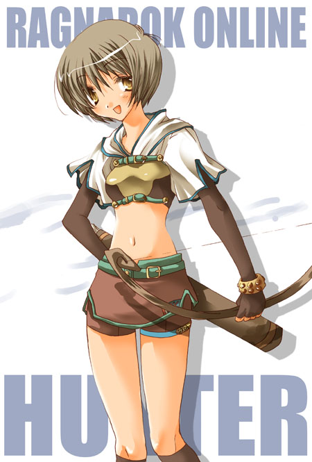 kokono coco, hunter (ragnarok online), ragnarok online, aqua belt, belt, bow (weapon), brown hair, hunter, midriff, navel, short hair, solo, weapon