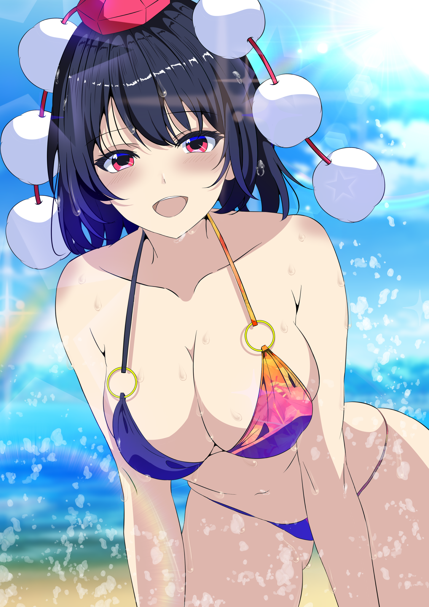 kitaura kasumi, shameimaru aya, touhou, highres, 1girl, beach, bikini, black hair, blue bikini, blurry, blurry background, blush, breasts, cameltoe, hat, large breasts, leaning forward, looking at viewer, medium hair, o-ring, o-ring swimsuit, pom pom (clothes), rainbow, rainbow background, red eyes, red hat, solo, sun, swimsuit, tengu, tokin hat