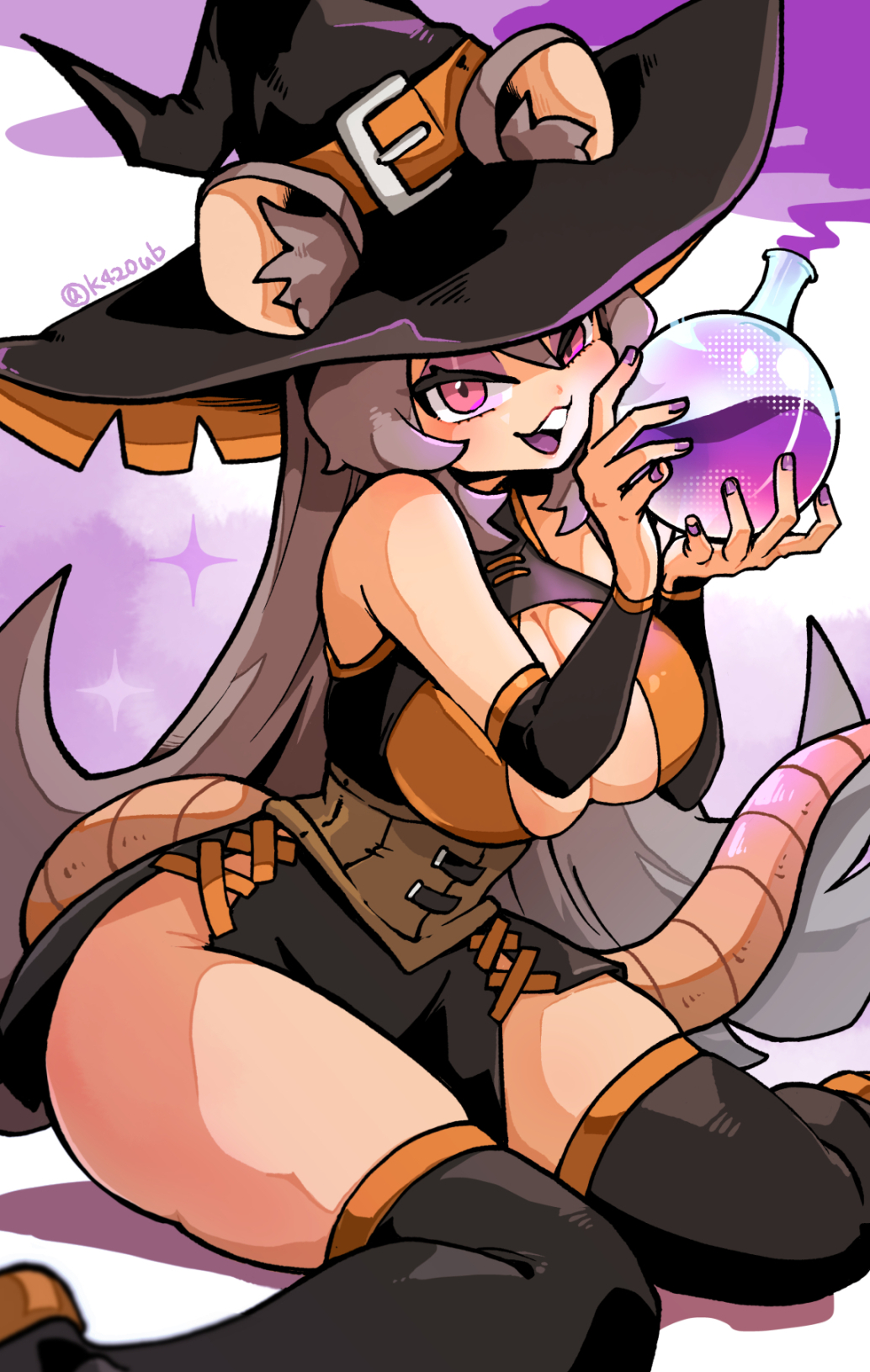 hanimitsu (bisko), boo the rat, indie virtual youtuber, highres, 1girl, animal ear fluff, animal ears, black dress, black hat, black sleeves, black thighhighs, buck teeth, cleavage cutout, clothing cutout, detached sleeves, dress, ears through headwear, eyeshadow, grey hair, hat, holding potion, long hair, long sleeves, looking at viewer, makeup, mouse ears, mouse girl, mouse tail, open mouth, pink eyes, purple nails, sitting, smile, solo, tail, teeth, thighhighs, virtual youtuber, wariza, witch hat