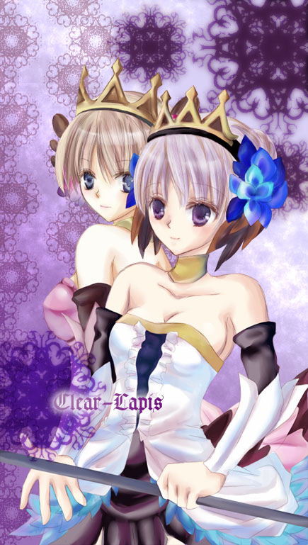 clear-lapis, griselda, griselda (odin sphere), gwendolyn (odin sphere), odin sphere, 2girls, armor, armored dress, blue eyes, breasts, brown hair, choker, cleavage, crown, dress, flower, hair flower, hair ornament, hat, medium breasts, multiple girls, polearm, pteruges, purple background, purple eyes, purple hair, short hair, spear, strapless, strapless dress, weapon