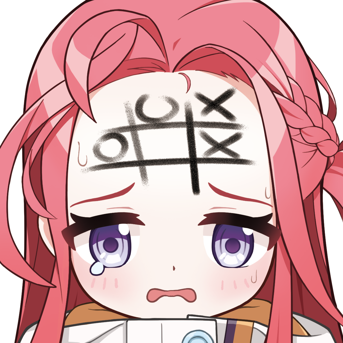 shuni valentine, yuzu (blue archive), blue archive, commentary, 1girl, blush, braid, chibi, forehead, forehead writing, jacket, long hair, one side up, parted bangs, parted lips, portrait, red hair, simple background, solo, sweat, tears, tic-tac-toe, wavy hair, wavy mouth, white background, white jacket
