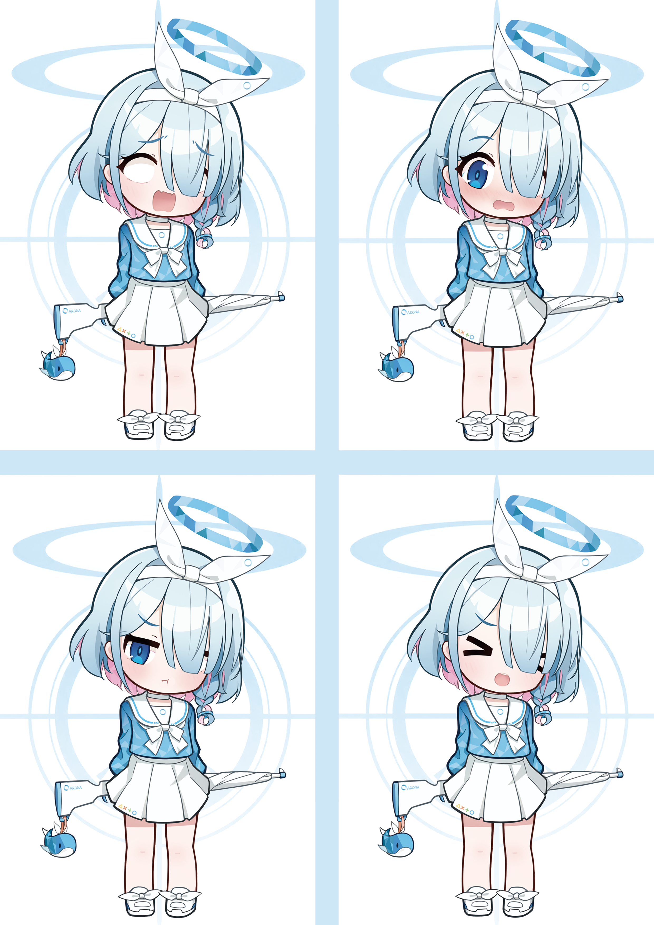 shuni valentine, arona (blue archive), blue archive, absurdres, commentary, duplicate, highres, > <, 1girl, :t, arms behind back, blank eyes, blue eyes, blue hair, blue shirt, blush, bow, braid, closed mouth, gun, hair over one eye, halo, holding, holding gun, holding weapon, long sleeves, multicolored hair, multiple views, nose blush, open mouth, pink hair, pleated skirt, pout, puffy long sleeves, puffy sleeves, sailor collar, school uniform, serafuku, shirt, shoes, single braid, skirt, two-tone hair, wavy mouth, weapon, white bow, white sailor collar, white shoes, white skirt