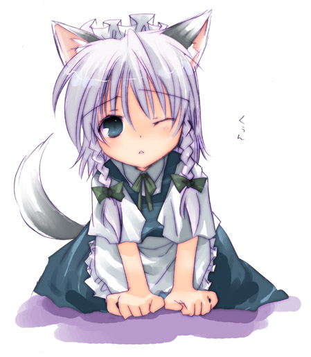 kokono coco, inu sakuya (nejikirio), izayoi sakuya, touhou, 1girl, aged down, animal ears, blue hair, braid, child, dog ears, dog tail, female focus, hair ribbon, kemonomimi mode, maid, one eye closed, ribbon, solo, tail, twin braids, wink